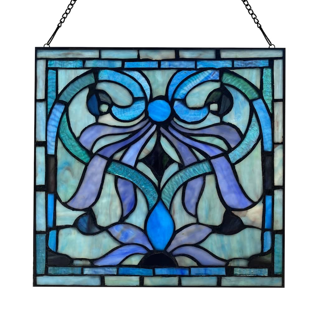 River of Goods Blue Classic Geometric Floral River of Goods Stained Glass Window Panel - 12" x 0.25" x 12"