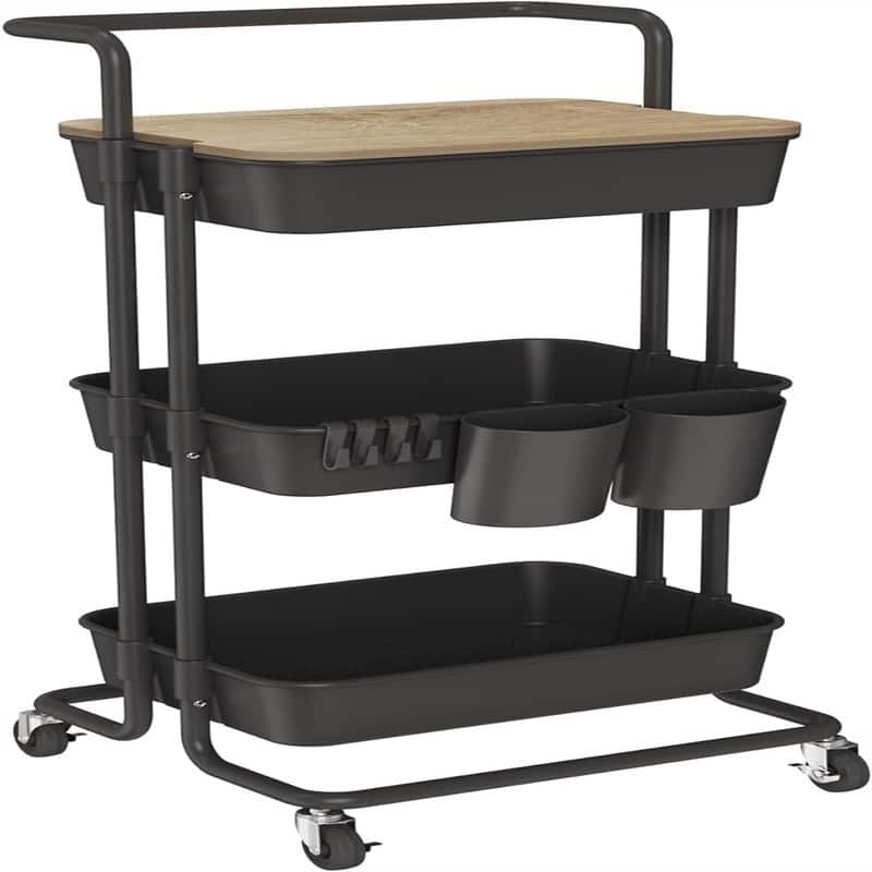 3 Tier Utility Rolling Cart - 15.6"D x 16.5"W x 35.4"H - Black