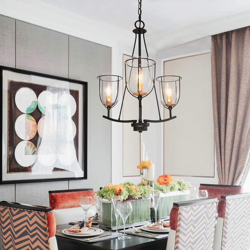 Modern Farmhouse 3-Light Glass Chandelier Black Metal Frame Entryway Hanging Lights - D19" x H82" - D19" x H82" - Black