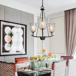 Modern Farmhouse 3-Light Glass Chandelier Black Metal Frame Entryway Hanging Lights - D19" x H82"