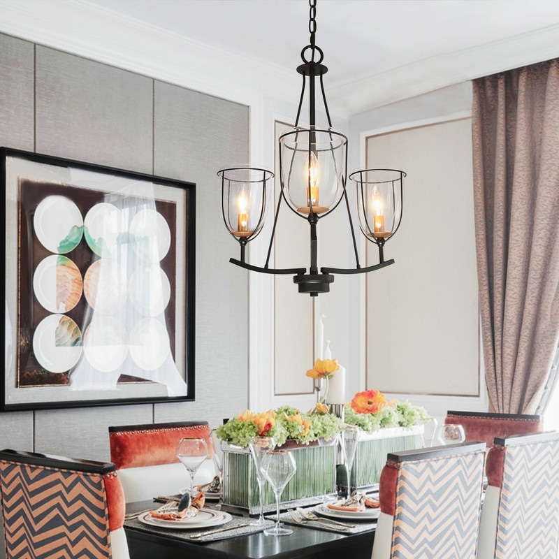 Modern Farmhouse 3-Light Glass Chandelier Black Metal Frame Entryway Hanging Lights - D19" x H82"