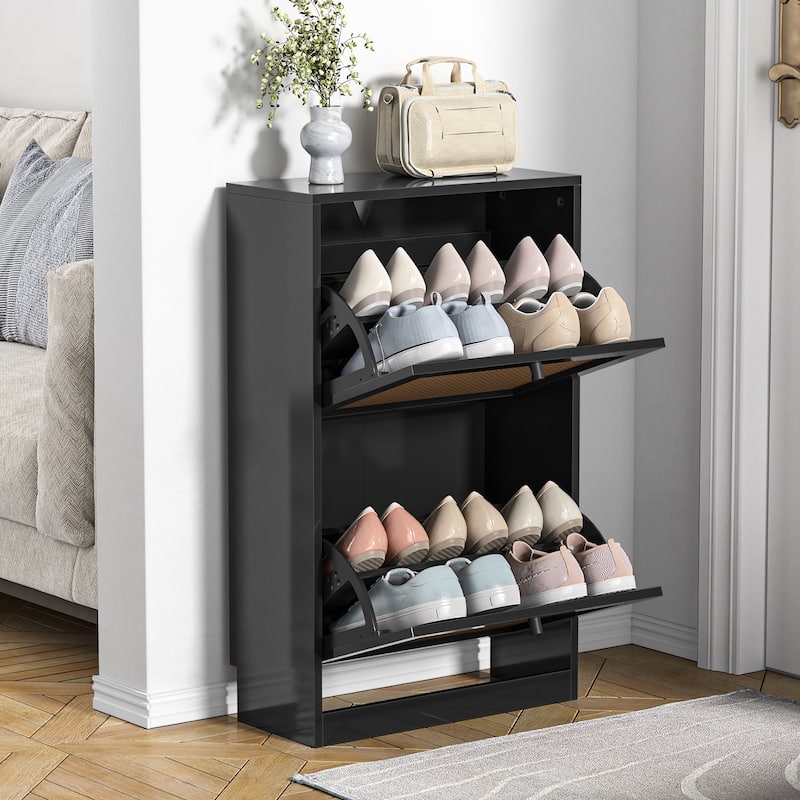 Anmytek 12 Pairs Black Shoe Storage Cabinet Freestanding Shoe Rack Organizer with 2 Flip Drawers - 20" W x 9" D x 33" H