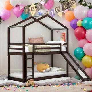 Multifunction Twin Over Twin Bunk Bed With Roof,Slide and 3-step Ladder
