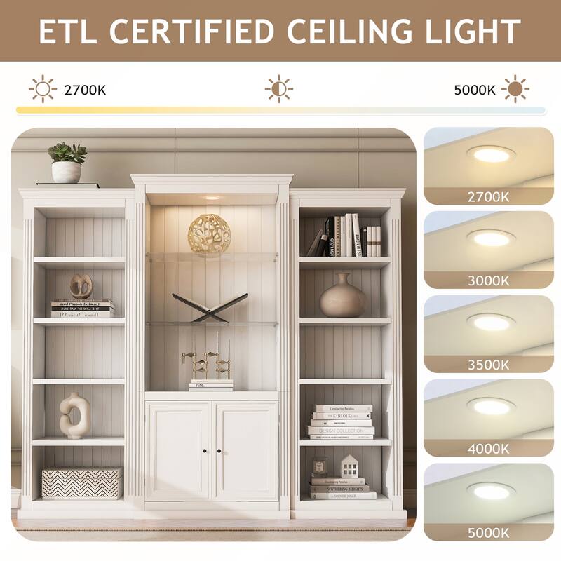 78.75IN Tall 3-Pieces Bookcase Display Cabinet with 5-Color Adjustable LED Ceiling Light and Tempered Glass Shelves