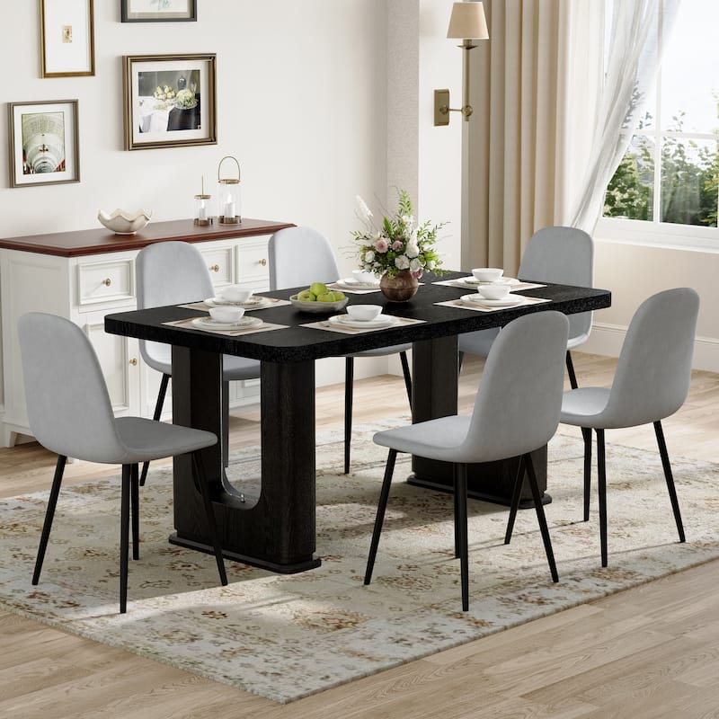 7-Piece Modern Dining Table Set, 64.5x35.4 Inch Textured Wood Table & 6 High-Resilience Fabric Chairs with Metal Legs