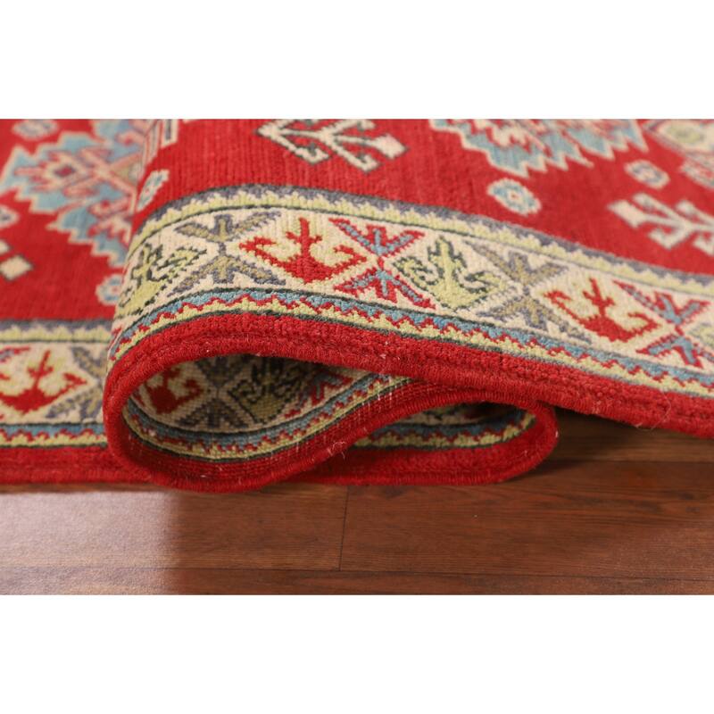 Red Geometric Kazak Oriental Runner Rug Handmade Wool Carpet - 2'1" x 5'10"