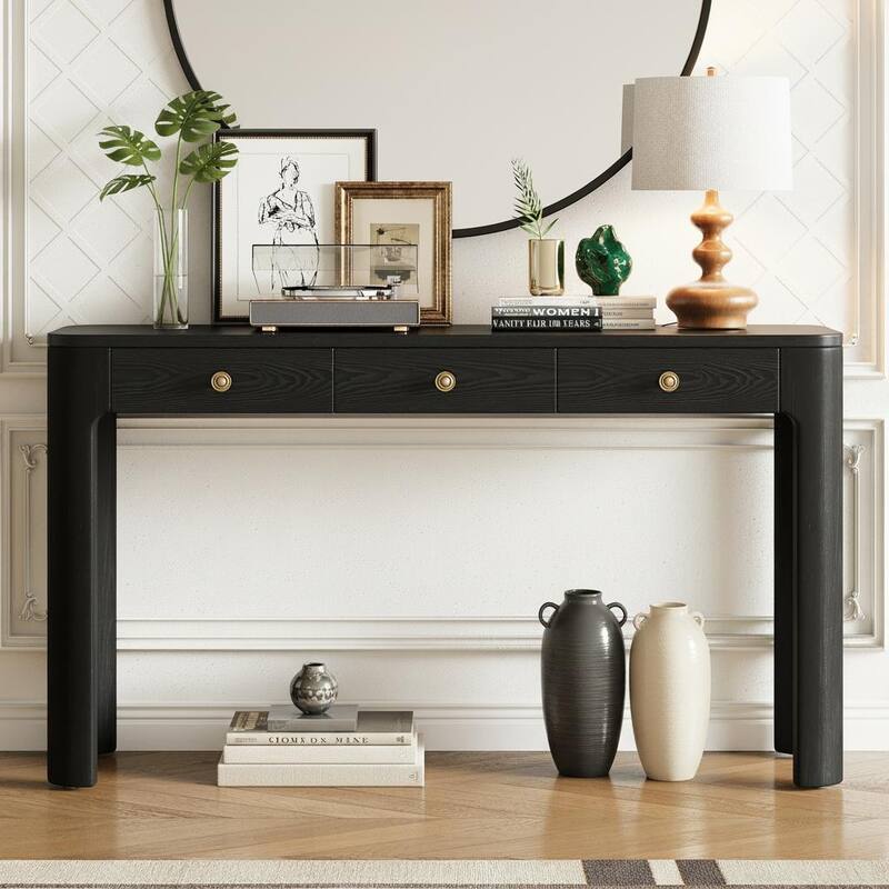 Rustic Console Table with 3 Hidden Drawers and Curved Safety Corners by Harper&Bright Designs