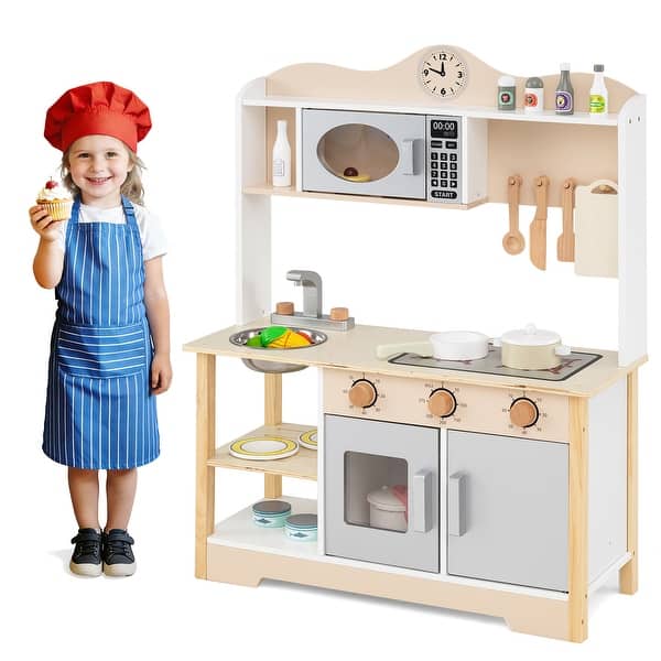 slide 2 of 10, Gymax Wooden Play Kitchen for Kids Cooking Toy Playset w/ Microwave White