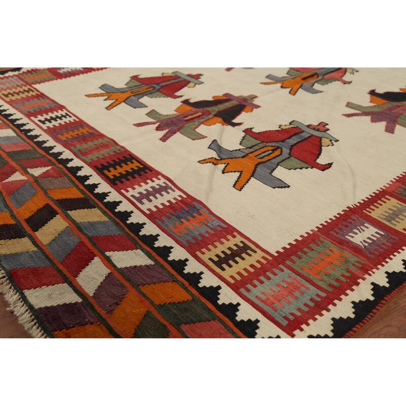 Vegetable Dye Kilim Qashqai Persian Antique Rug Flatweave Wool Carpet - 5'0"x 7'9"