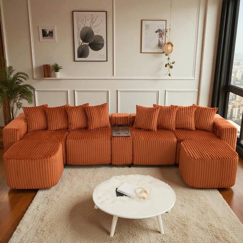 137.5" U-Shaped Modular Sofa with USB & Wireless Charging, Coffee Table Board, Cup Holders, Movable Footstool, Corduroy - Orange