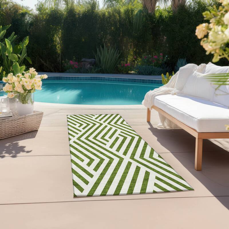 Machine Washable Indoor/ Outdoor Modern Diamonds Chantille Rug - Olive - 2'3" x 7'6"