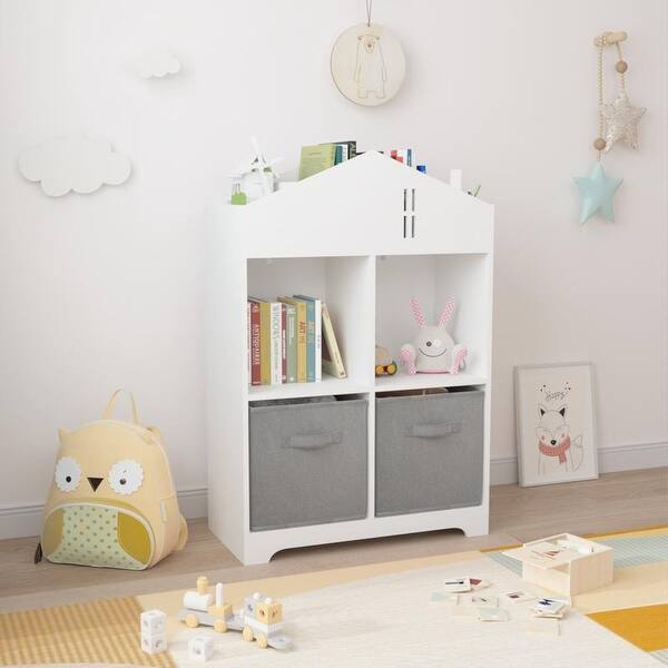 slide 2 of 15, 2-Tier Kids Dollhouse Bookcase with 2 Collapsible Fabric Drawers Grey