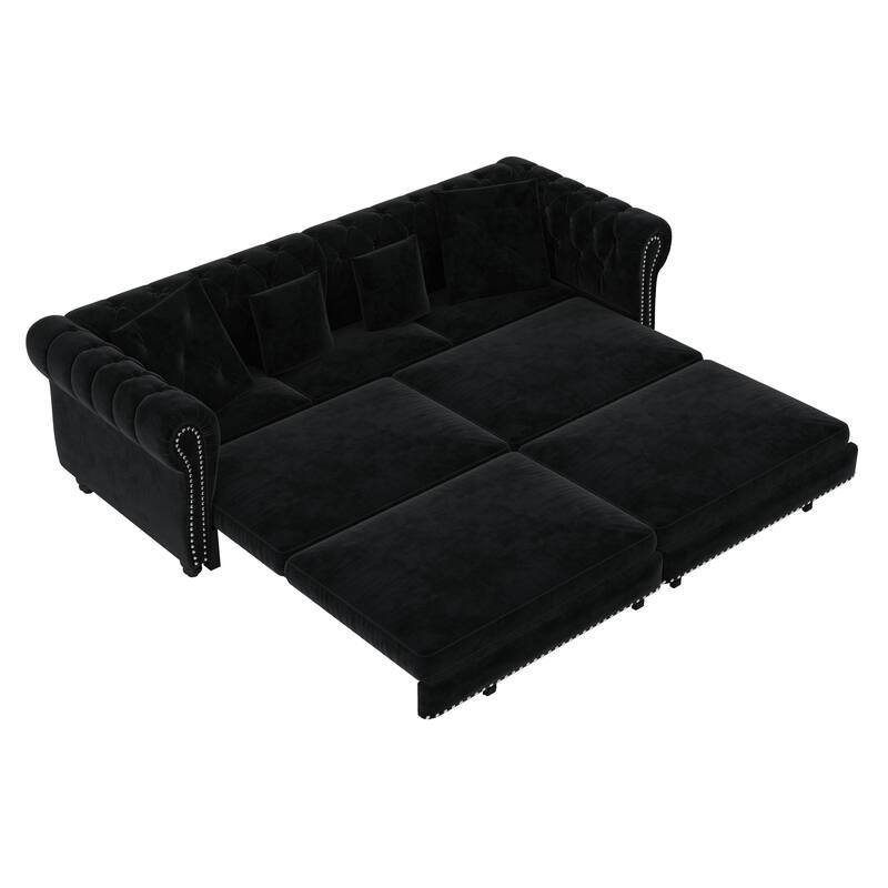 89" Chesterfield Pull Out Sofa Bed - Velvet 3-in-1 Convertible Sleeper with Chaise & Ottoman, King Size Sleeper Sofa
