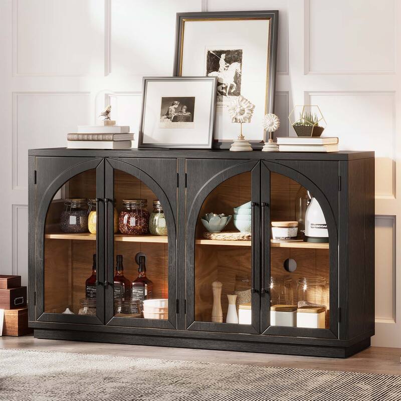 4-Door Large Storage Sideboard Buffet Cabinet with Glass Doors and Arched Design