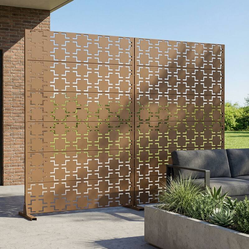 Outdoor Freestanding Metal Privacy Screen Decorative Garden Fence Set of 2
