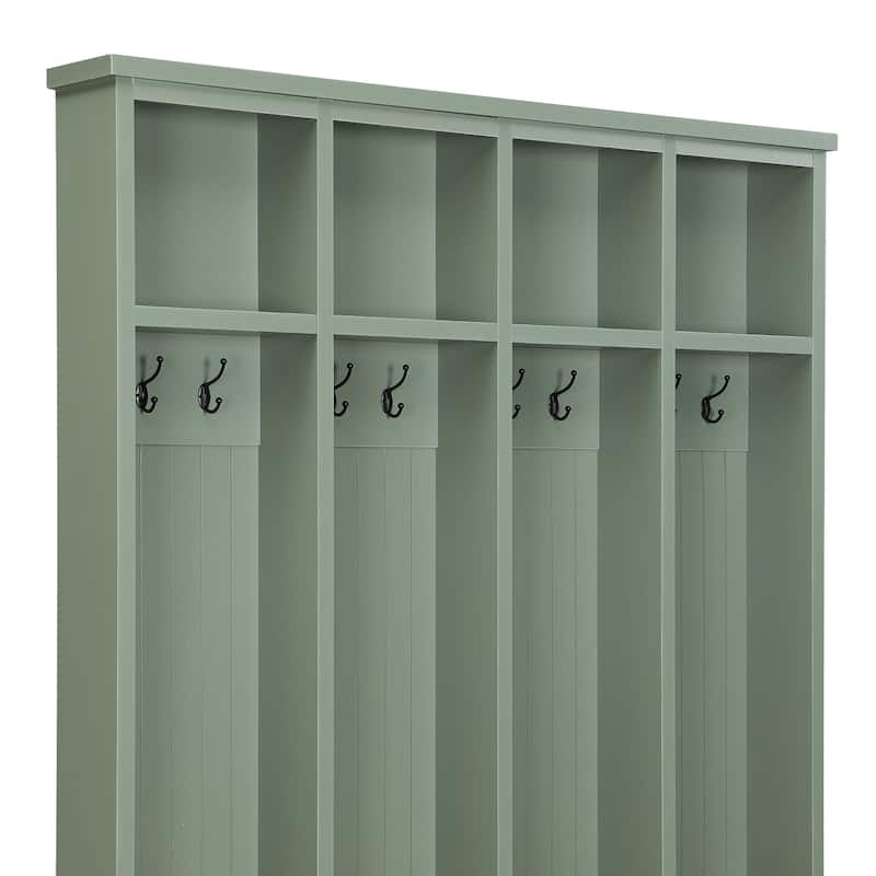 Farmhouse 59"W Hall Tree with 8 Hooks, 3-in-1 Entryway Bench with Open Storage for Coats and Shoes, 76.7" H Wood Mudroom Rack