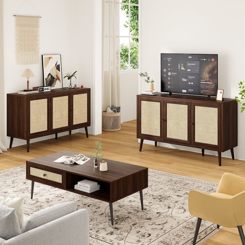 Sideboard Buffet Cabinet with 3 Rattan Doors,Modern Kitchen Storage Console Cabinet for Entryway Living Room (Small)