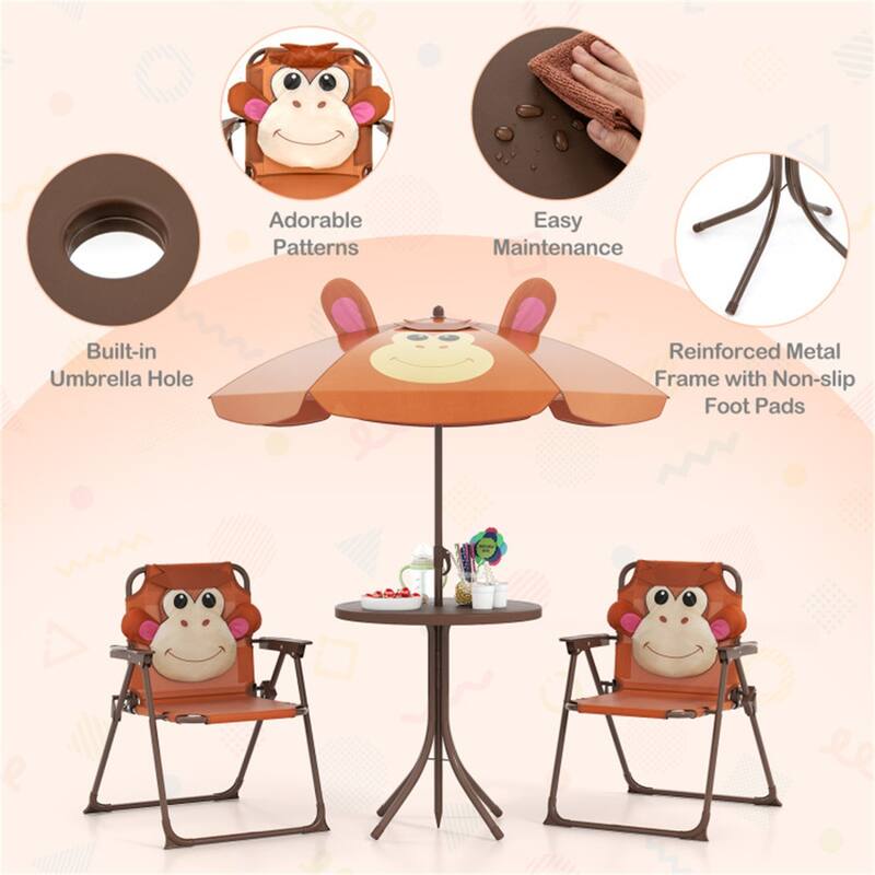 Kids Outdoor Picnic Table and Chair Set with Adjustable Umbrella Lion Pattern Foldable Table and Chairs for Ages 2-5