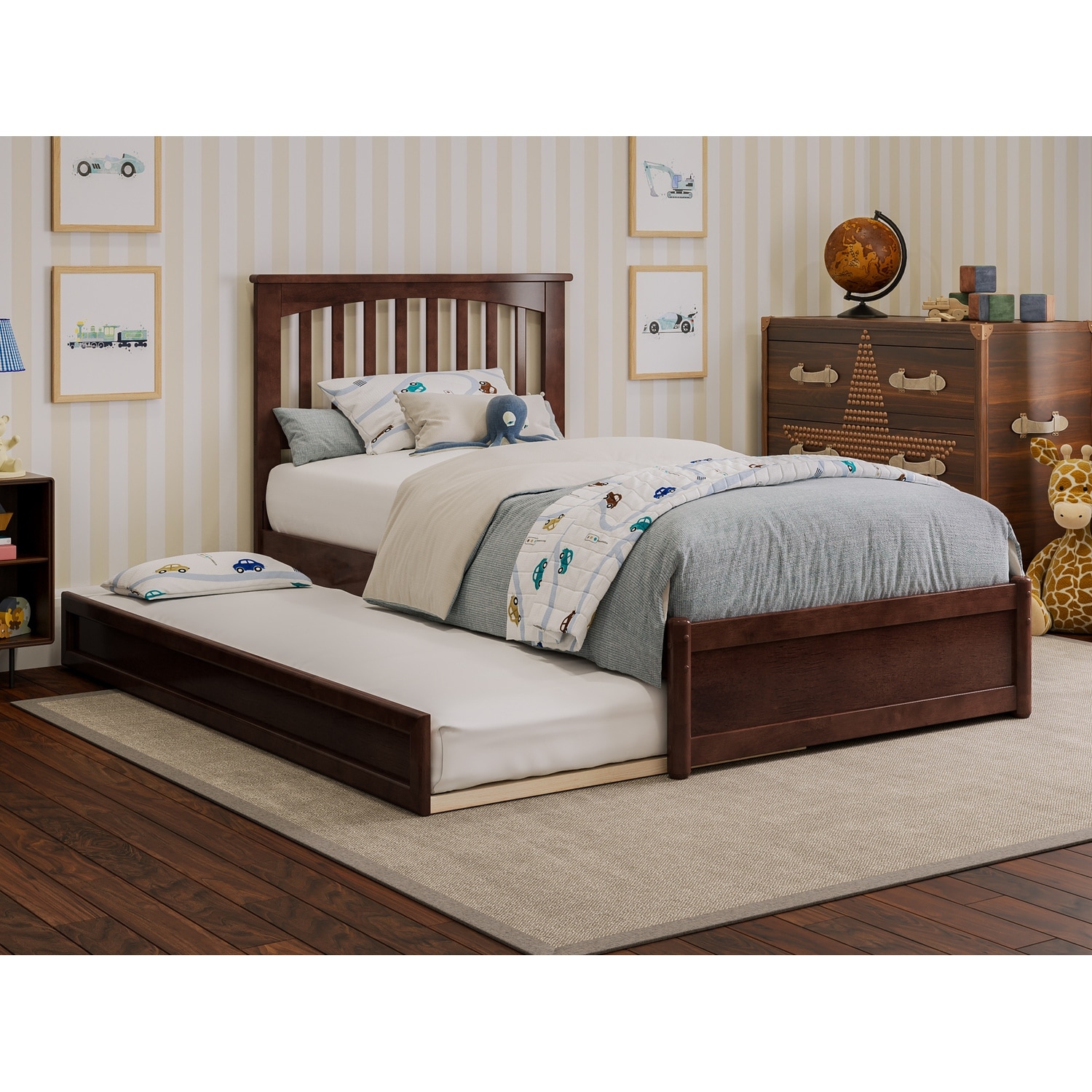 Twin Platform Bed with Trundle - Mission Style Bed, Walnut Finish, Vertical Slats & USB Charger