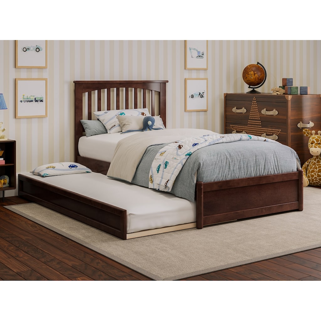 Twin Platform Bed with Trundle - Mission Style Bed, Walnut Finish, Vertical Slats & USB Charger