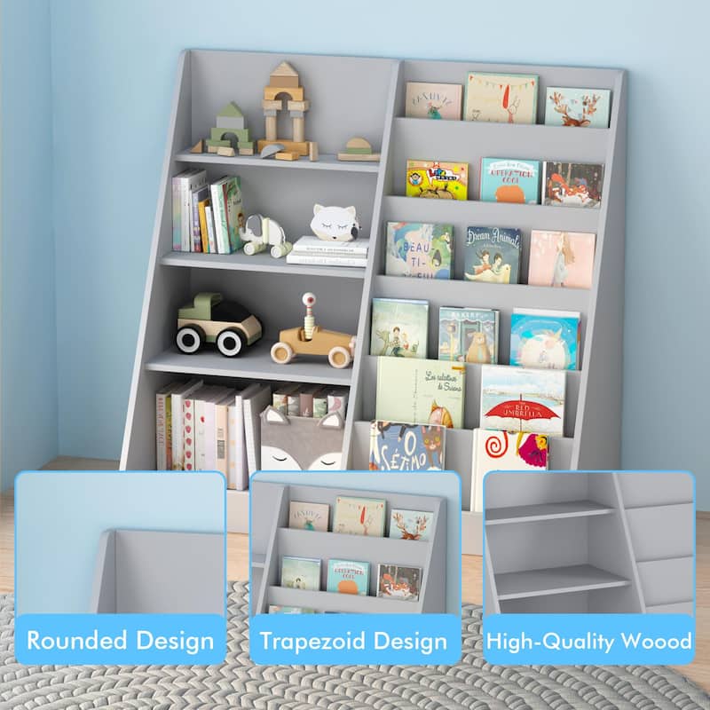 Kids Bookshelf and Toy Storage Organizer, Multifunctional 4 Tier Wooden Kids Book Shelf with Bookcase Display Stand