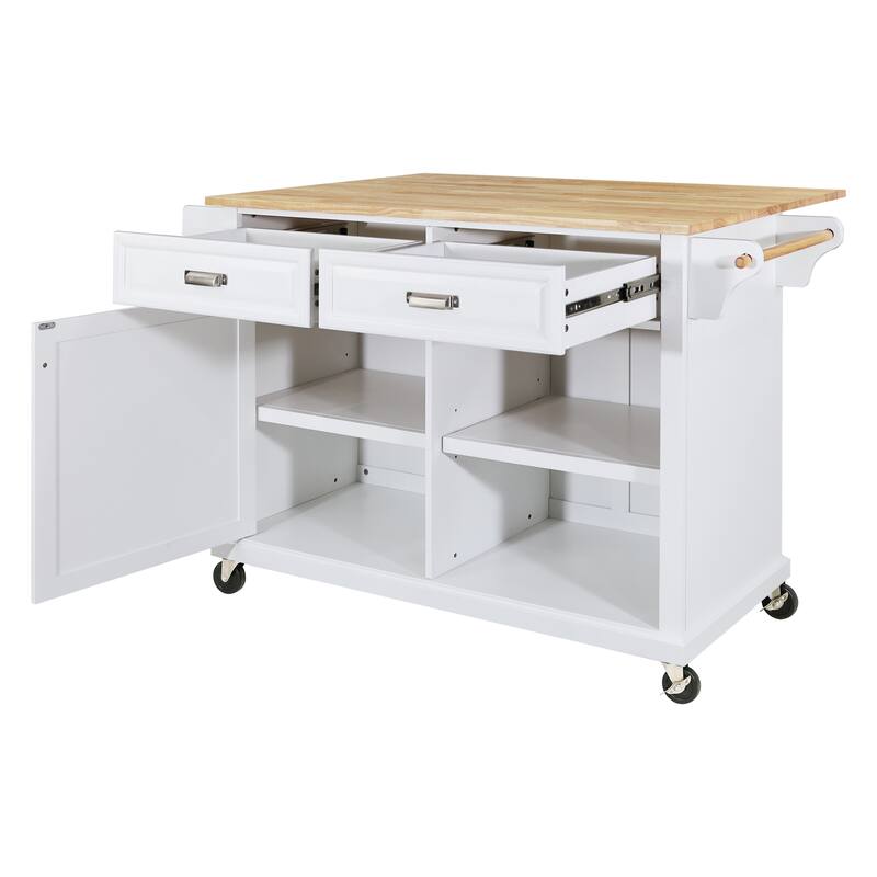 Natural Wood Topped Kitchen Island with Storage, Mobile Kitchen Cart