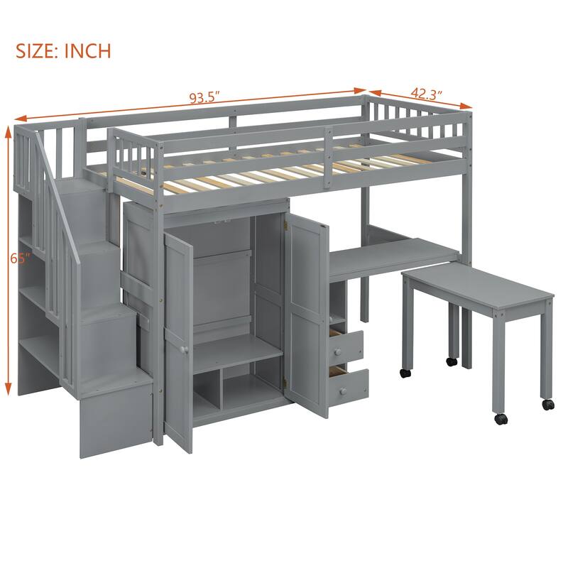 Space-Saving Loft Bed with Shelves Wardrobe, Movable table & Side Desk, Wooden Twin Bed Frmae wiht Storage Stairs & Two Drawers