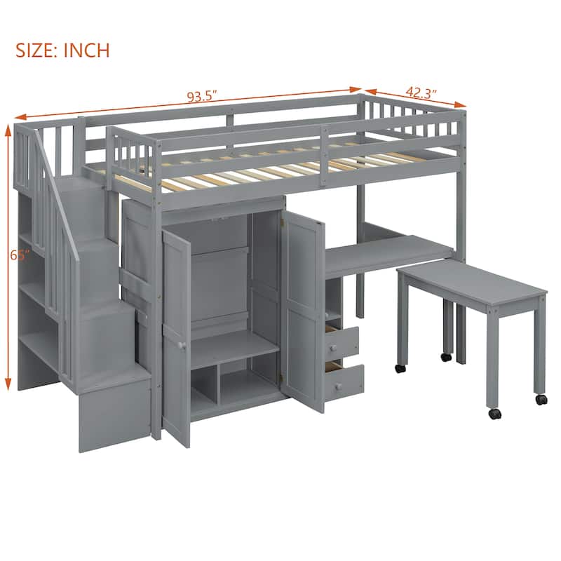 Twin/Full Size Loft Bed with Desk, Wardrobe, Drawers & Stairs, Wood Frame Study Bed with Storage for Kids/Teens
