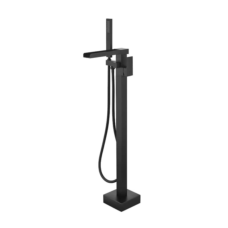 Matte Black Waterfall Floor Mounted Tub Filler with Hand Shower