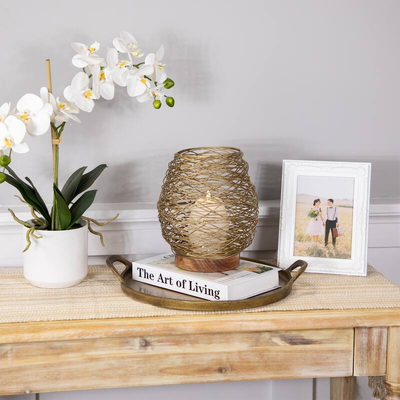 Medium Woven Iron Votive Candle Holder with Wooden Base - 8.5" - Brass Finish