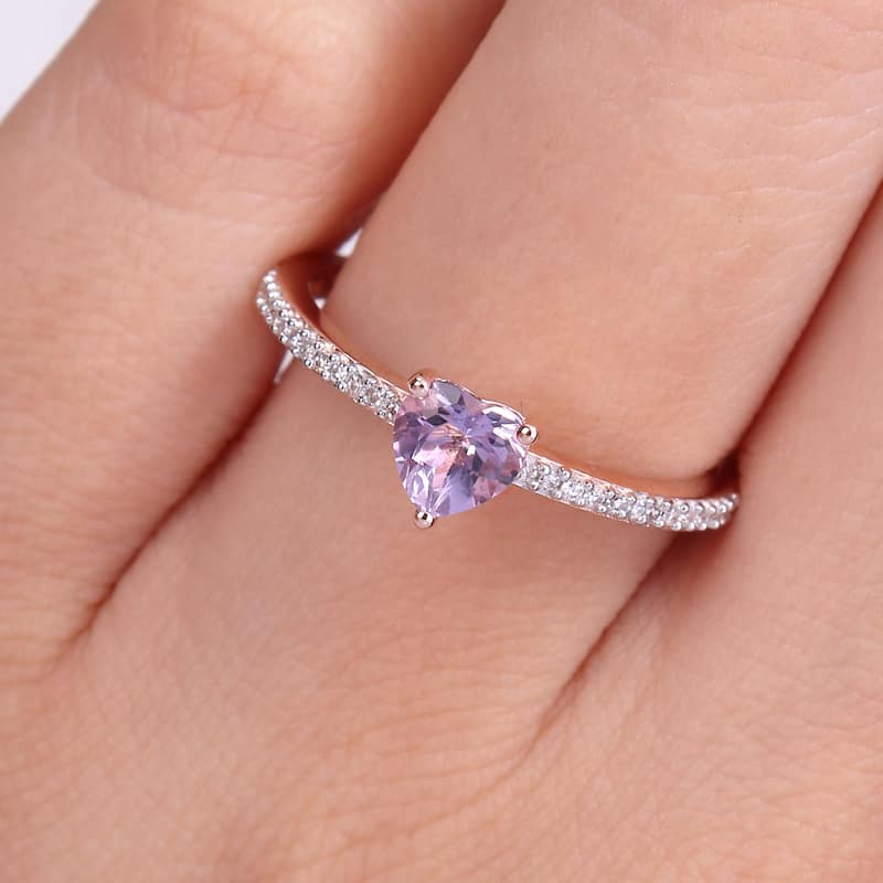 Miadora 10k Rose Gold Heart-cut Rose de France and 1/10ct TDW Diamond Birthstone Ring