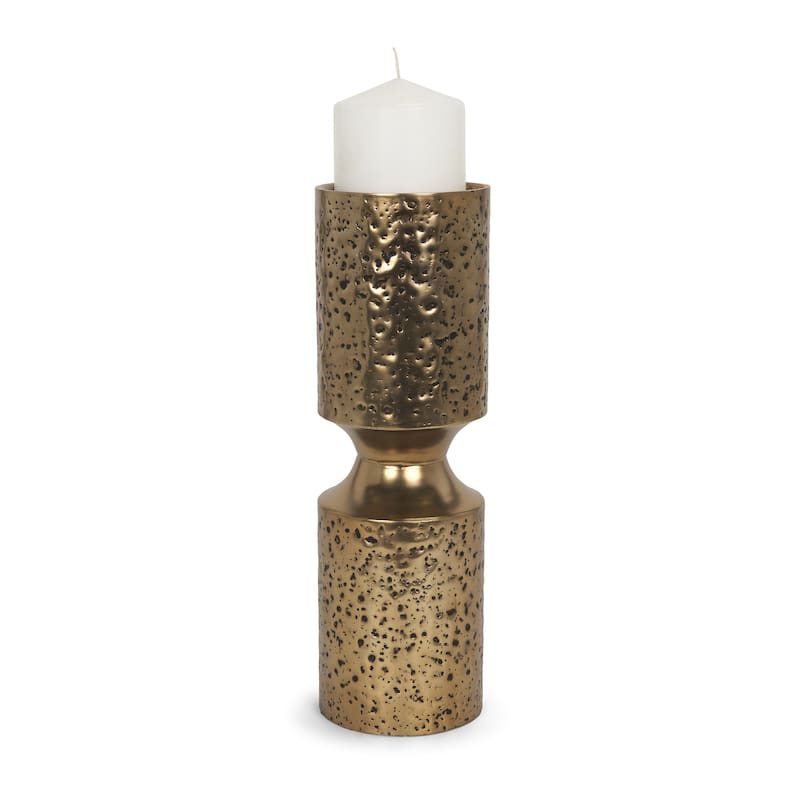 Akira Large Hammered Gold Metal Pillar Candle Holder - 4.0L x 4.0W x 12.8H