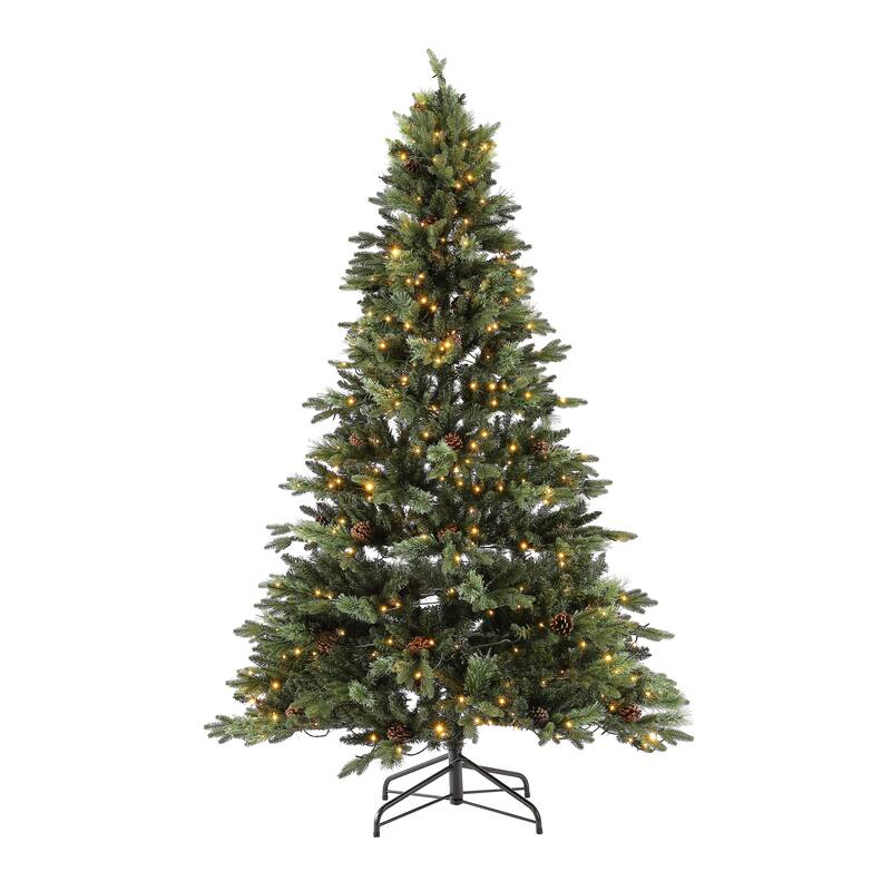 SAFAVIEH 7.5 Ft, Green, Pre-Lit Artificial Christmas Tree With Pine Cones - 56"W x 56"D x 90"H