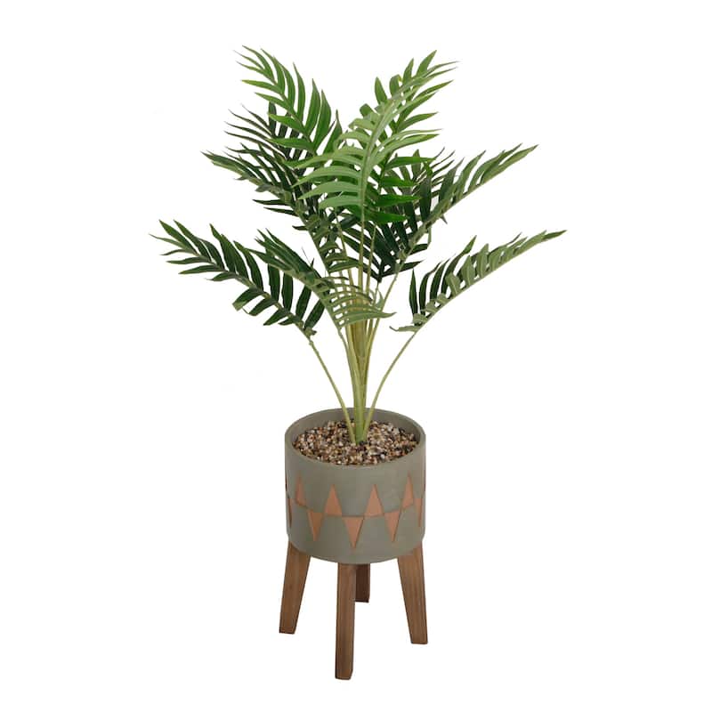 3.15'FT Palm in Cement Planter on Wood stand - ONE-SIZE