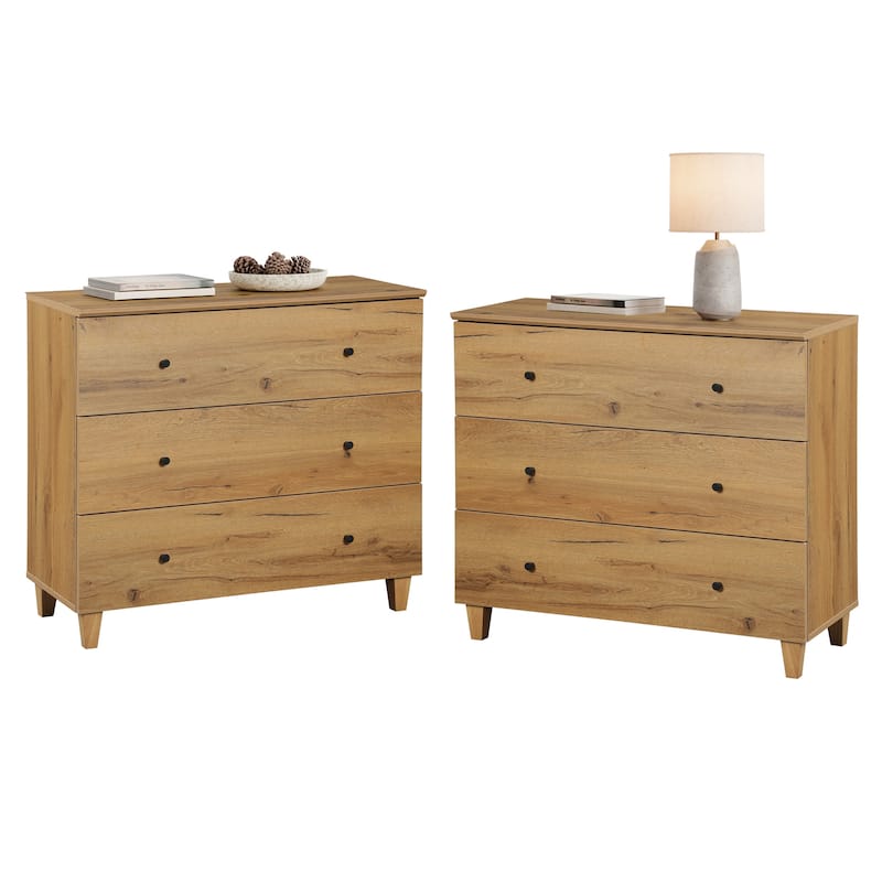 WAMPAT 3 Drawer Nightstand for Bedroom, 35 Inches Wide - Oak Brown-Set of 2 - 3-drawer