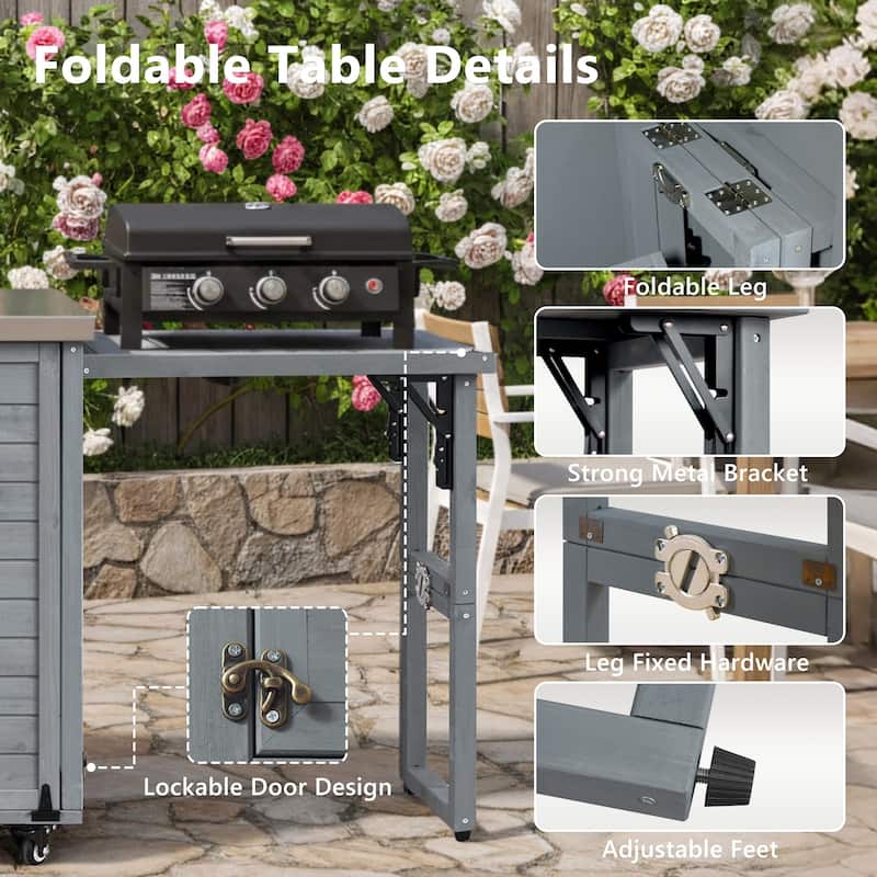 78.3" Outdoor Kitchen Island with Foldable Grill Table, Wooden Outdoor Grill Cart with Trash Can Storage & Stainless Steel Top