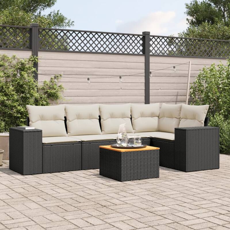 vidaXL Patio Sofa Set with Cushions Outdoor Furniture 6 Piece Poly Rattan - 21.7 x 21.7 x 14.6 - Black and Cream