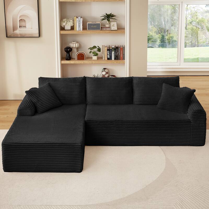Modular Corduroy Sectional Sofa with Arched Armrests & Pillows, Modern L-Shape Upholstered Couches with Chaise for Apartment - Black