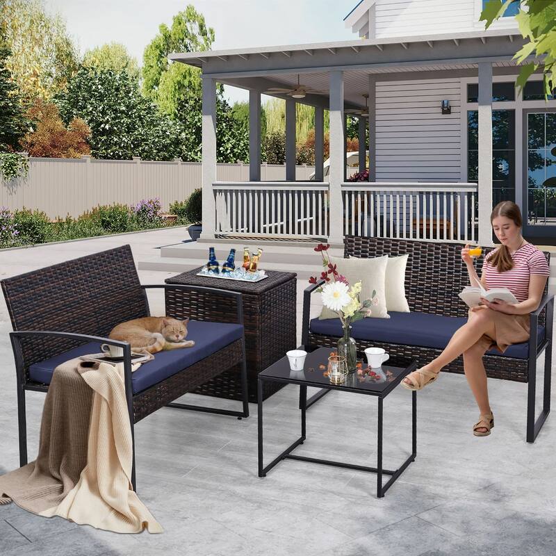 4-Piece Wicker Outdoor Sofa Set, 2 Loveseats, 1 Table, 1 Ice Bucket
