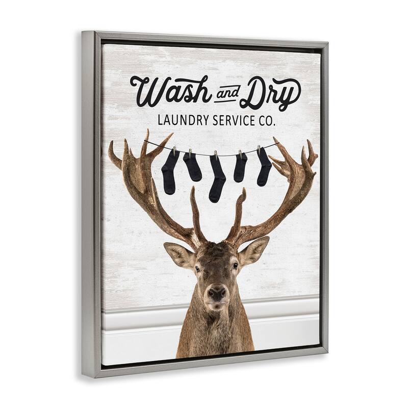 Stupell Vintage Laundry Elk Clothesline Framed Floater Canvas Wall Art Design By Lettered and Lined