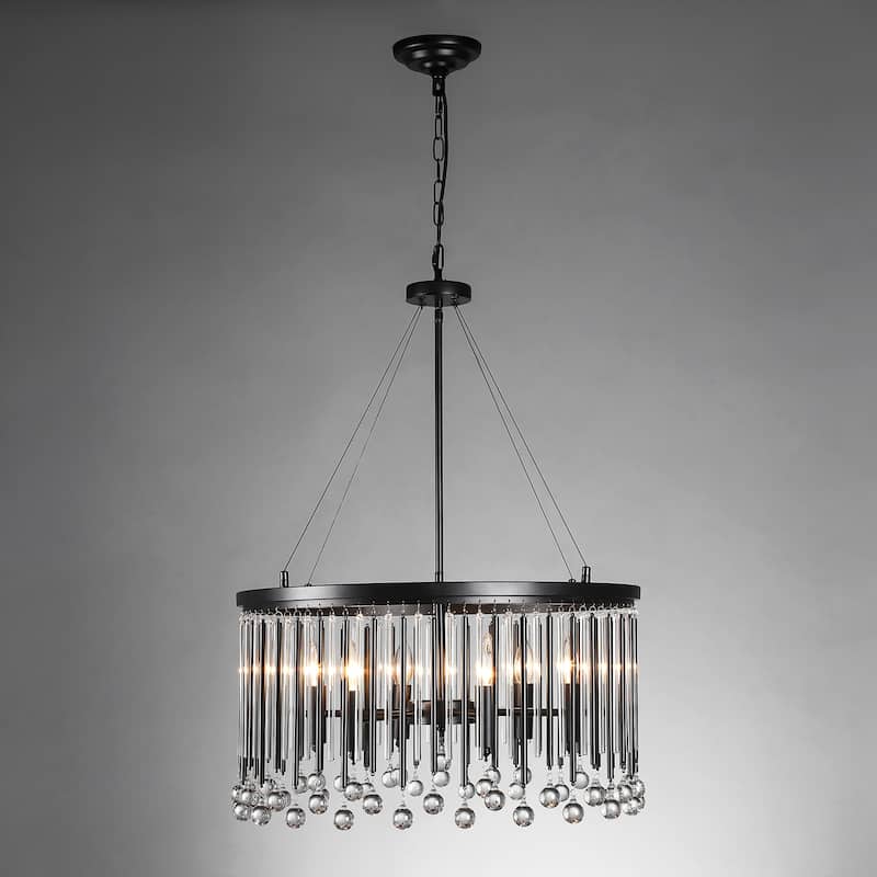 6-Light Modern Black Drum Raindrop Crystal Chandelier with Metal and Crystal Rods - 24.02 in. W x 31.5 in. H