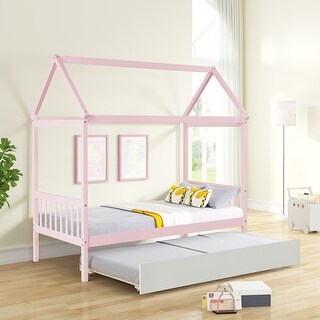 Pink Twin Size Solid Wood House Bed Frame with Trundle and Roof for Kids, Boys and Girls