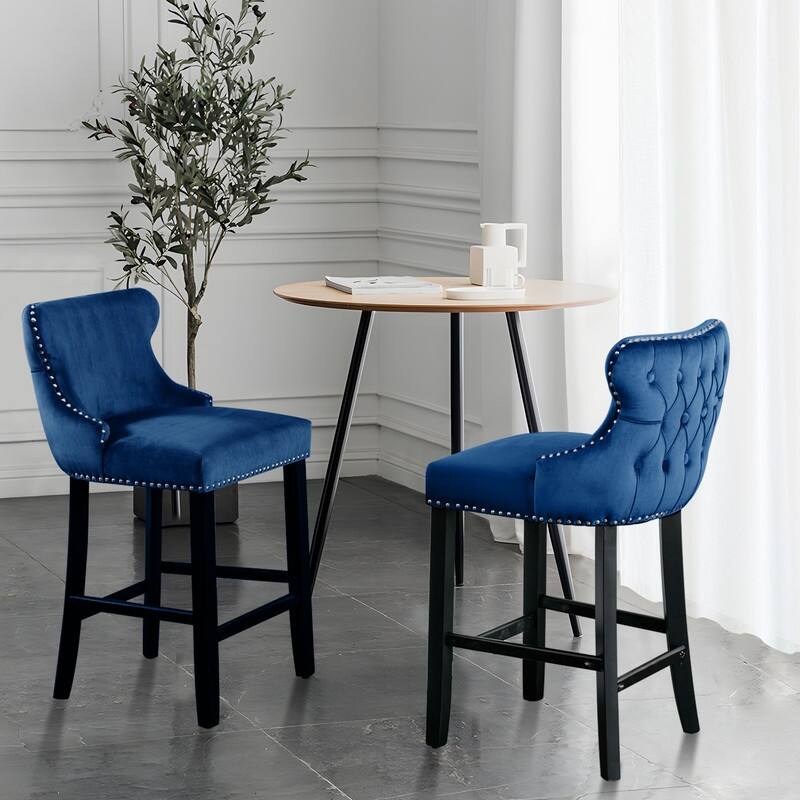 Button Tufted Velvet Wing-Back Barstools Set of 2 - Navy Blue Velvet