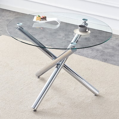 42-inch glass round table.Modern and simple, stylish choice: A glass round table with three metal table legs intersperse