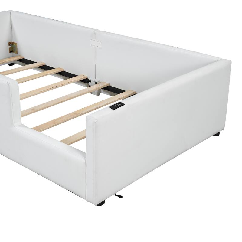 Safe White Twin Upholstered Bed with Guardrail & Charging Station!