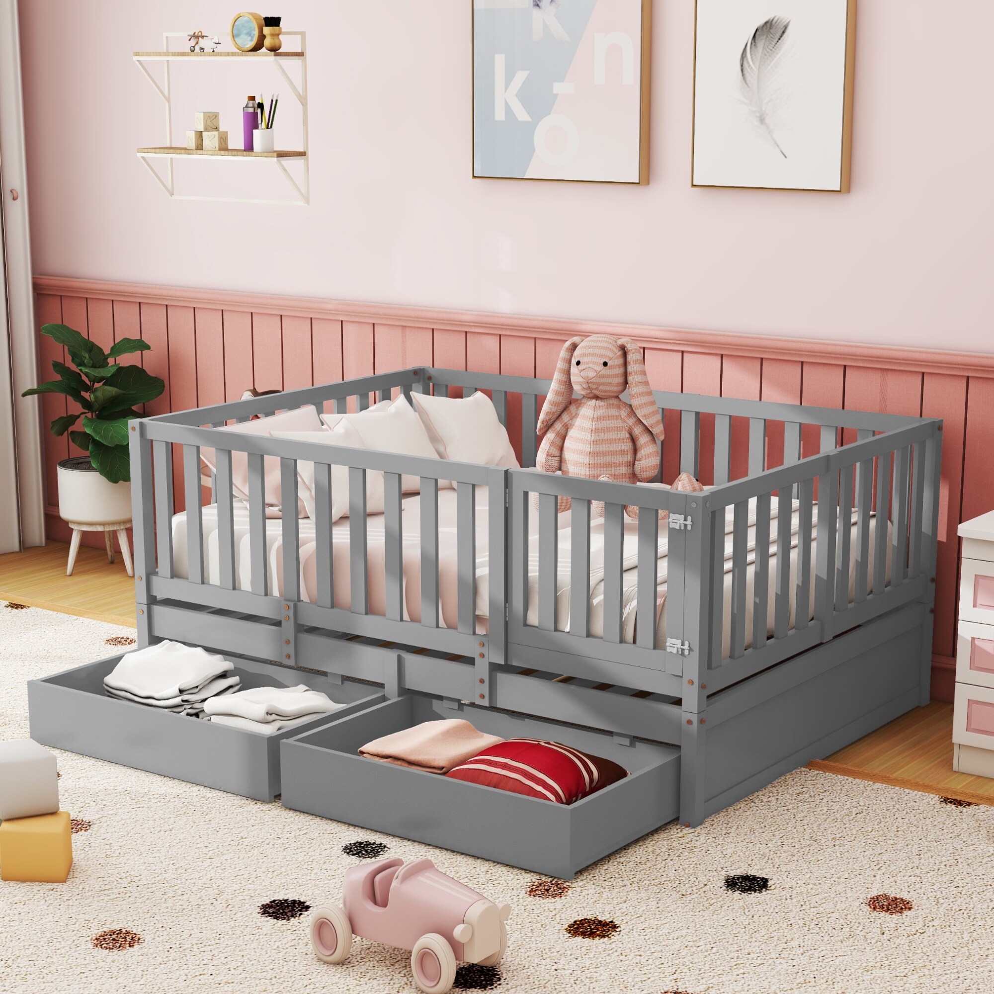Full Size Wood Convertible Toddler Bed with Fence Guardrails and 2 Drawers Split into Independent Floor Bed Daybed Grey Bed Bath Beyond 39490291