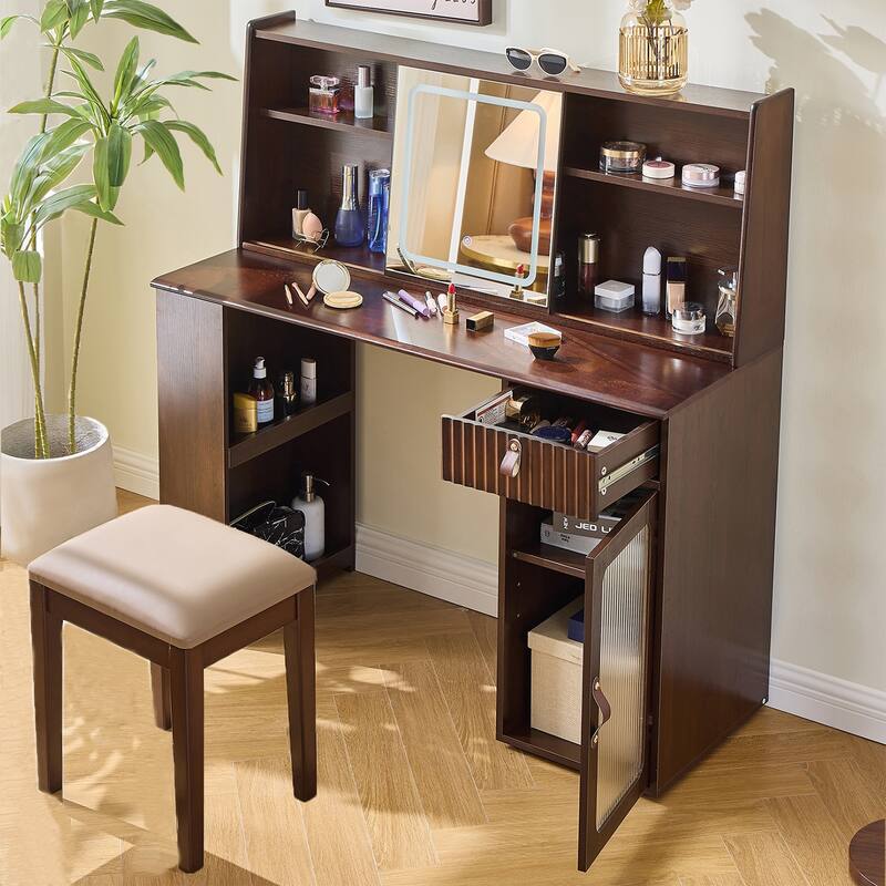 Mid-Century Modern Makeup Vanity Desk Set Includes Dressing Table & Stool, Sliding Makeup Mirror with 3-Color LED Light, Walnut