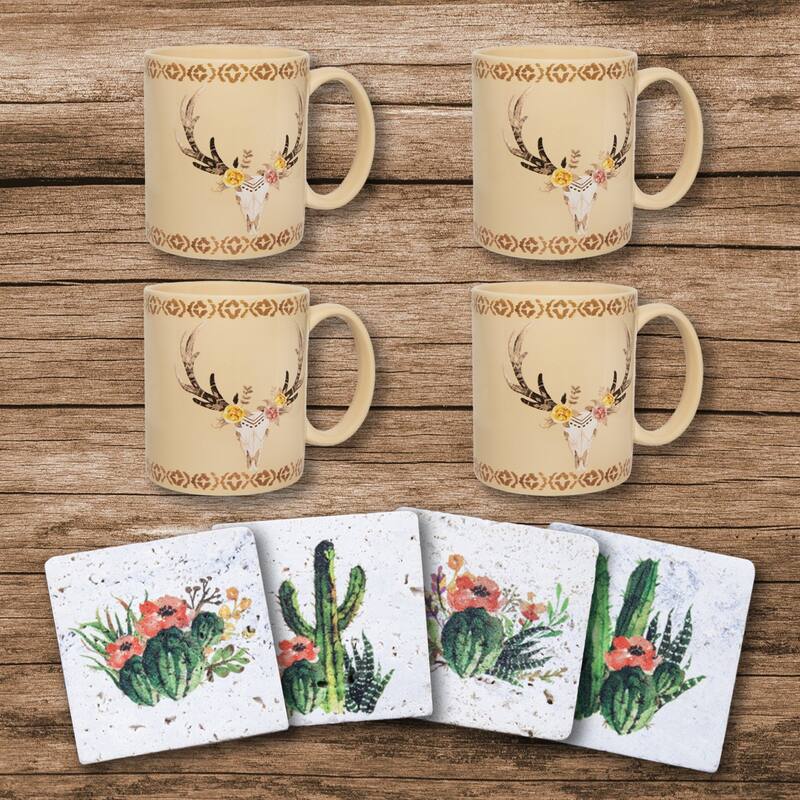 Paseo Road by Hiend Accents Desert Skull Bohemian Mug & Cactus Blooms Coaster Set, 8PC