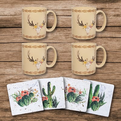 Paseo Road by Hiend Accents Desert Skull Bohemian Mug & Cactus Blooms Coaster Set, 8PC