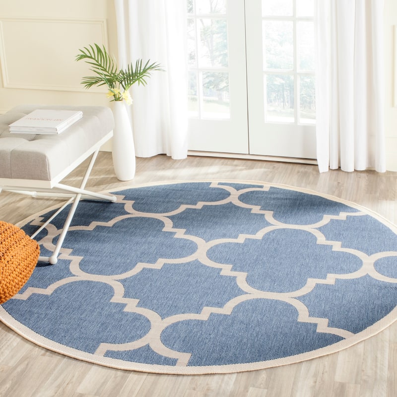 SAFAVIEH Courtyard Maryanne Indoor/ Outdoor Waterproof Patio Backyard Rug - 7'10" x 7'10" Round - Blue/Beige